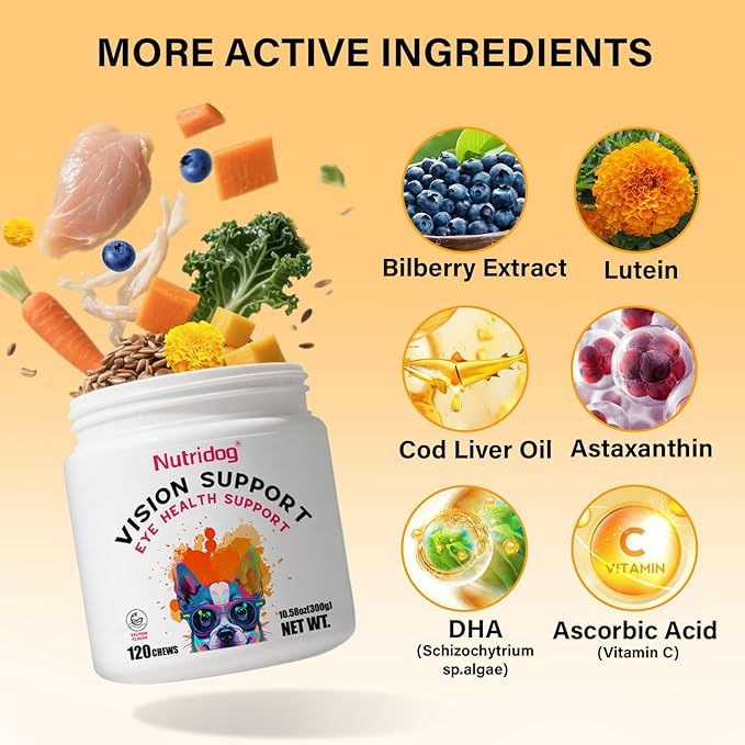 Eye Supplements for Dogs - Vision Support Soft Chews with Lutein, DHA & Vitamin C | 120ct Salmon Flavor Tear Stain Chews | Cataract & Dry Eye Relief Supplement (120 Ct, Salmon)-PurrikoPets