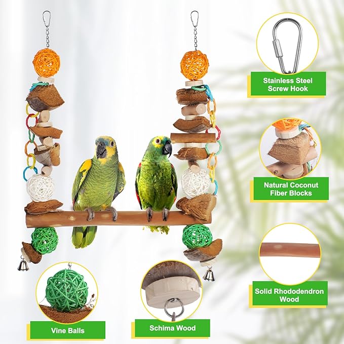 3-in-1 Parrot Toys Natural Coconut Fiber Parrot Hammock (Swing + Perch + Chew Toy) Natural Bird Perches for Medium Large Birds - 23" Bird Toys for Parrots Stand-PurrikoPets