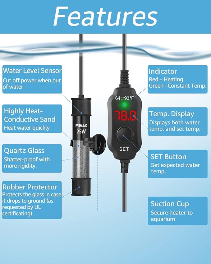 25W Adjustable Aquarium Heater Super Short Submersible Fish Tank Heater Fish Heater with LED Digital Display Thermostat, for Tanks 3-5 Gallons-PurrikoPets
