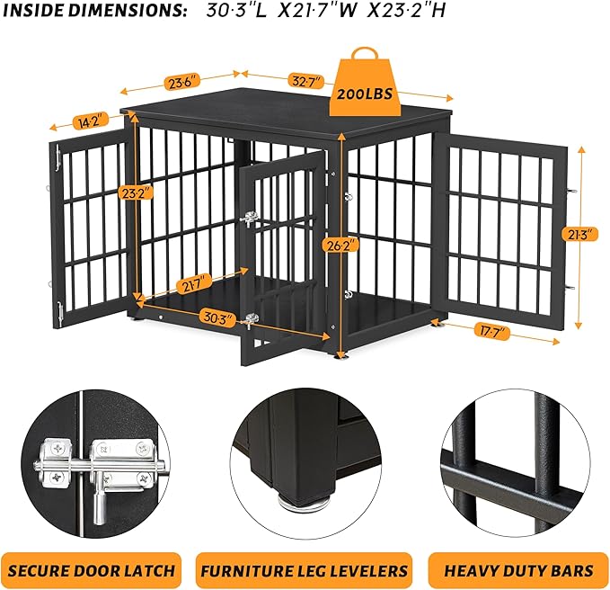 32 Inch Heavy Duty Dog Crate Furniture for Medium and Small Dogs, Decorative Pet House End Table, Wooden Cage Kennel Furniture Indoor, Black-PurrikoPets