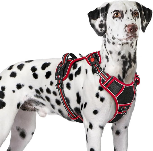 Eagloo Dog Harness for Large Dogs, Easy Wearing with 3 Buckles, Adjustable No Pull Pet Harness with 2 Rings for Walking, No Chock Reflective Soft Padded Vest with Control Handle, Black & Red, XL-PurrikoPets