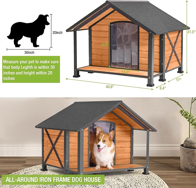 Dog House Outdoor & Indoor Unique All-Around Iron Frame Dog Kennel for Winter with Raised Feet for Small & Medium & Large Dogs,Weatherproof Roof (40.6 “L×34.3”W×31.5“H)-PurrikoPets