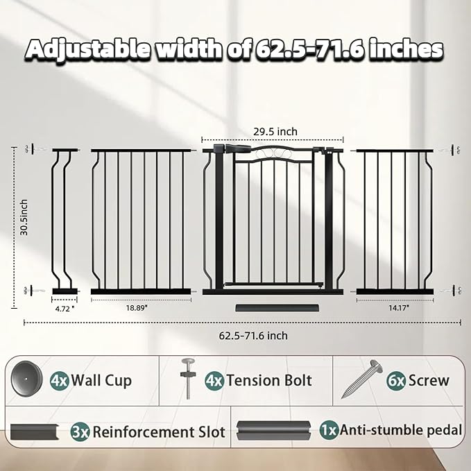 62.5"-71.6" Extra Wide Baby Gate for Doorways No Drill, Pressure Mounted Dog Gate Indoor, Walk Thru Pet Gate for Cat Dog Child,Pet Gates for The House Doorway Black-PurrikoPets