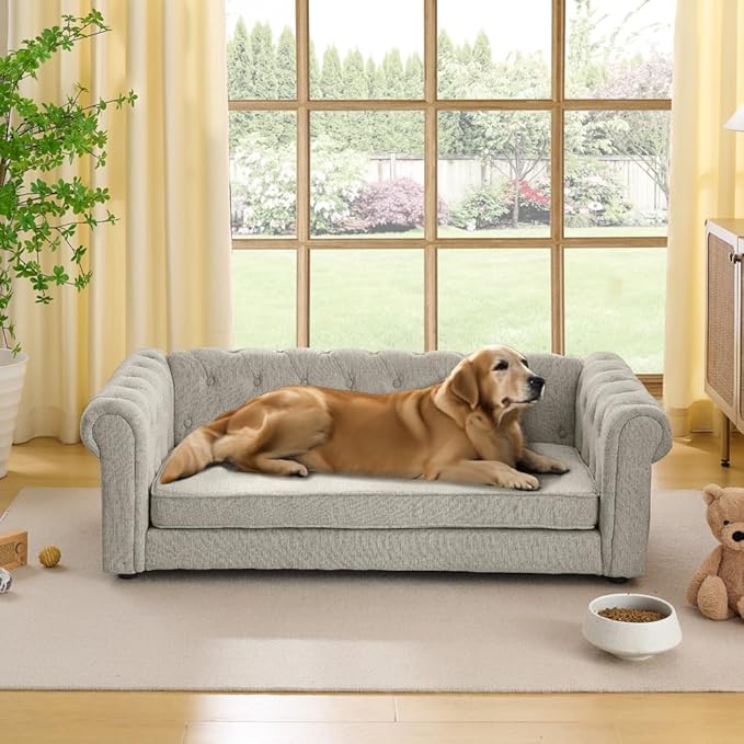 Dog Sofa Couch for Medium to Large Dogs, 55" Memory Foam Pet Sofa Couch with Washable Fabric, Durable Elevated Dog Bed with Legs, Removable Cushion for Medium and Large Dogs, Beige-PurrikoPets