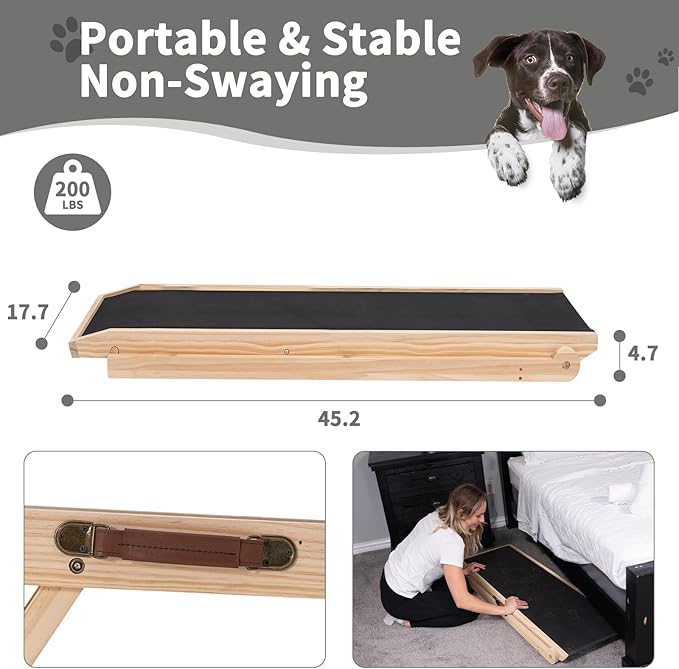 Folding Wooden Dog Ramp for Bed, Couch & Car,45IN Long- 5 Level Adjustable Pet Ramp, Non-Slip Rubber Mat, 17.7'' Extra Wide - Supports Small & Large Senior Dogs & Cats up to 200 lbs-PurrikoPets