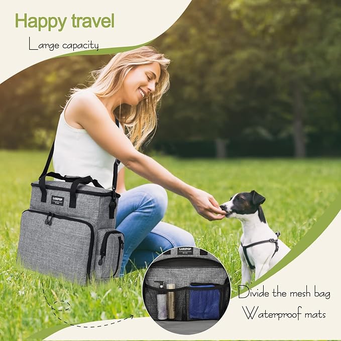 Dog Travel Bag,Weekend Pet Travel Bag Set for Dog and Cat,Airline Approved Tote Multi-Function Dog Bags for Traveling,Include 2 Collapsible Bowls,2 Food Storage Containers,1 Feeding Mat,Gray-PurrikoPets