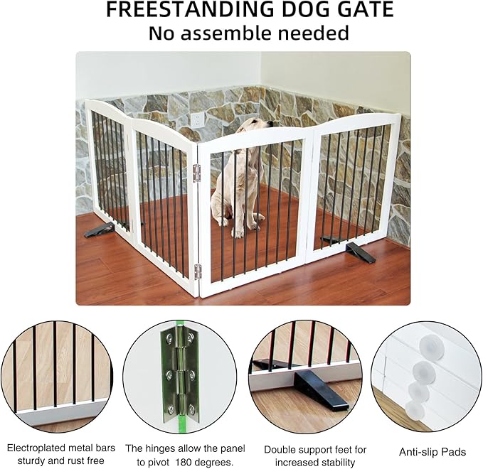 Freestanding Panel Dog Gate for Indoor, Doorways, Stairs, or Hallways - Foldable Wooden Pet Fence With Support Feet - 24" Height, 4 Panels, White-PurrikoPets