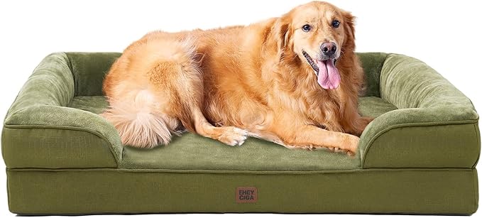 EHEYCIGA Orthopedic Dog Beds for Extra Large Dogs 44x32Inch, Waterproof Memory Foam XL Pet Bed with Sides, Non-Slip and Egg-Crate Foam Big Dog Couch Bed with Washable Removable Cover, Olive Green-PurrikoPets