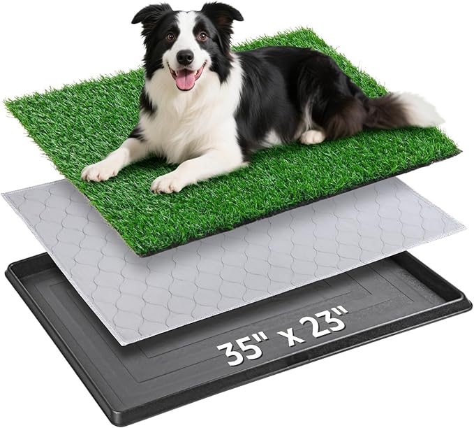 Dog Grass Pet Loo Indoor/Outdoor Portable Potty, Dog Litter Box Full Potty System with Trays, Artificial Grass Patch Balcony Mat and Washable Pee Pad for Puppy Training, Pet Toilet (Tray 35''x23'')-PurrikoPets