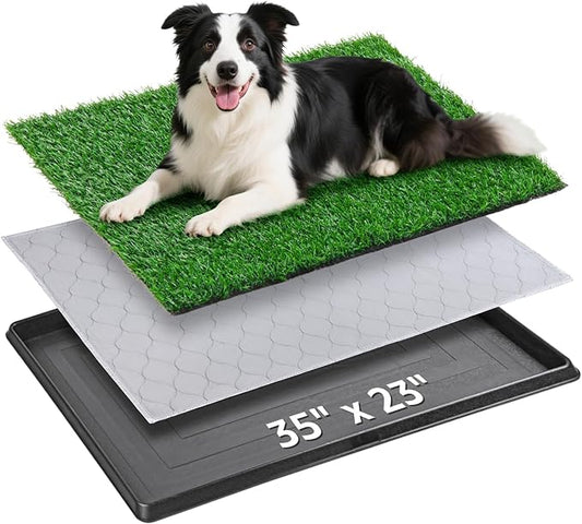 Dog Grass Pet Loo Indoor/Outdoor Portable Potty, Dog Litter Box Full Potty System with Trays, Artificial Grass Patch Balcony Mat and Washable Pee Pad for Puppy Training, Pet Toilet (Tray 35''x23'')-PurrikoPets