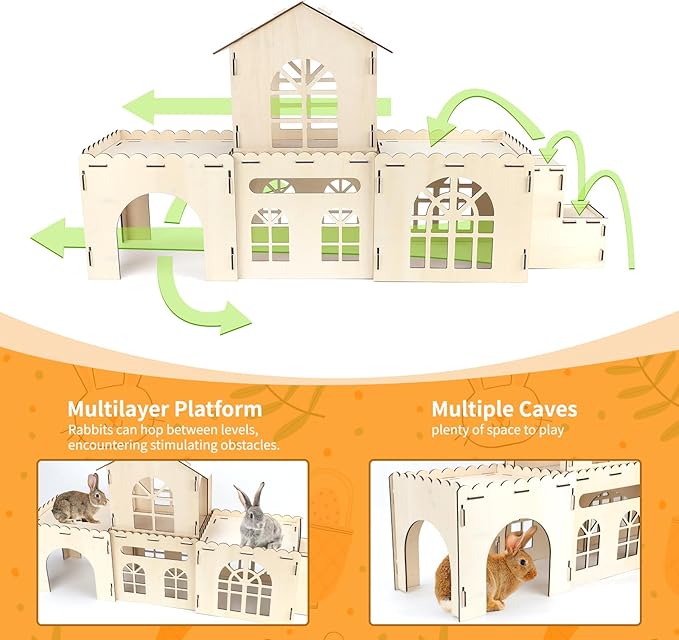 Extra Large Bunny Castle Hideout, Wooden Bunny House and Hideouts Detachable Rabbits Hideaway, Indoor Rabbit Castles Sturdy Small Animal Play Hideaway Hut for Rabbits, Guinea Pigs, Chinchillas-PurrikoPets