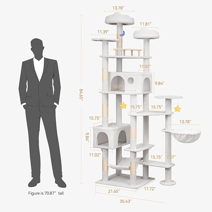 85in Tall Cat Tower for Heavy Duty Big Cats, Large Cat Tree with Scratching Post, Plush Perches, Cozy Cat Condos & Hanging Hammocks for Maine Coon, White-PurrikoPets