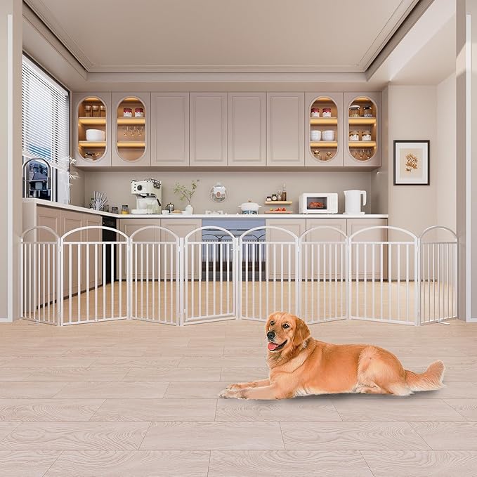 8 Panles Full Matel Freestanding Dog Gates with Door, 192"Extra Wide 32"Tall Free Standing Dog Pet Gate for Indoor & Outdoor. Foldable Pet Fences for Doorways, House, Stairs, Porch, Deck, Yard-PurrikoPets