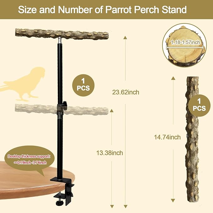 13-23 Inch Height Adjustable Desktop Bird Perch Pepper Wood Bird Training Perch Stand Parakeet Perches Indoor and Outdoor Parrot Stands for Small to Medium Bird-PurrikoPets