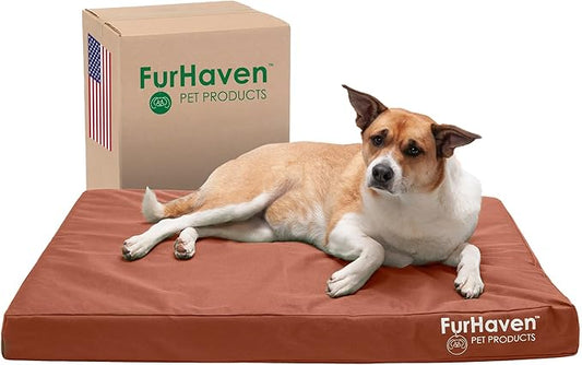 Furhaven Water-Resistant Cooling Gel Dog Bed for Large/Medium Dogs w/ Removable Washable Cover, For Dogs Up to 55 lbs - Indoor/Outdoor Logo Print Oxford Polycanvas Mattress - Chestnut, Large-PurrikoPets