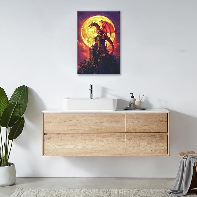 Dragon Bathroom Pictures Wall Art, Red Dragon Castle Bathroom Wall Decor, Framed Painting Canvas Artwork for Bedroom Living Room Decorations 24"L x 16"W-PurrikoPets