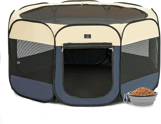 A4Pet Collapsible Playpen, 39.5” Portable Dog Playpen with Bowl, Suitable for Puppies, Kittens, and Small Animals, Removable Zipper & Mesh Panel(16”W × 10”H)-PurrikoPets