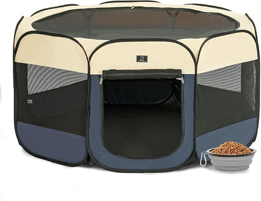 A4Pet Collapsible Playpen, 39.5” Portable Dog Playpen with Bowl, Suitable for Puppies, Kittens, and Small Animals, Removable Zipper & Mesh Panel(16”W × 10”H)-PurrikoPets