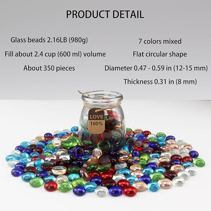 2.16LB Glass Beads Mix Colors Vase Filler Aquarium Gravel Decor Flat Glass Marbles Gems Pebbles Fish Tank Rocks Home Decorative Art Craft - 7 Colors Mixed-PurrikoPets
