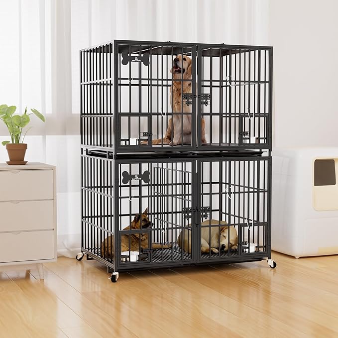 aboxoo 42 inch Stackable Heavy Duty Metal Dog Crate for 4 Dogs/Large Dog,All Metal Open Top Access,Escape Proof Cage,Dog Kennel Indoor with Wheels,Floor Grid, Tray, Divider and Feeding Bowl-PurrikoPets