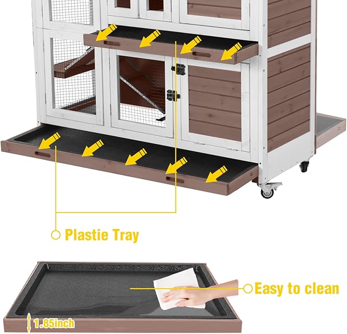 Aivituvin Rabbit Hutch Indoor, Bunny Cage with Wheels, 2-Story Design, 2 Deep Trays, Anti Slip Ramp, Ideal for Small Animals - Brown-PurrikoPets