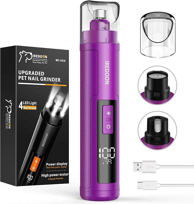 Dog Nail Grinder Upgraded - Professional 3-Speed Super Quiet and Low Vibration Electric Pet Nail Grinder with 4 LED Lights - Painless Paws Grooming & Smoothing for Small to Large Dogs (Purple)-PurrikoPets