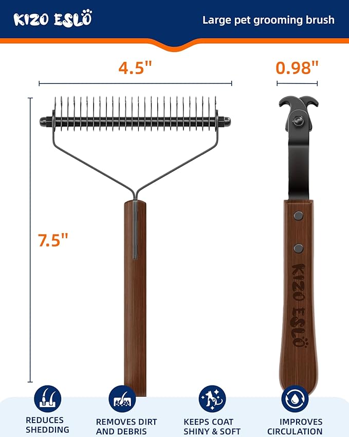 Extra Large 2-Sided Undercoat Rake for Dogs & Cats, Dog Brush for Shedding Remove Mats, Dematting Comb, Safe&Gentle Grooming Brush for German Shepherds Medium to Long-Haired Pets, Wooden Handle(Black)-PurrikoPets