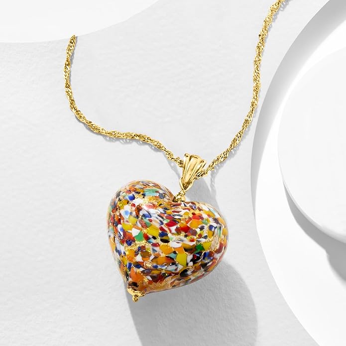 Ross-Simons Italian Murano Glass Heart Pendant Necklace in 18kt Gold Over Sterling
