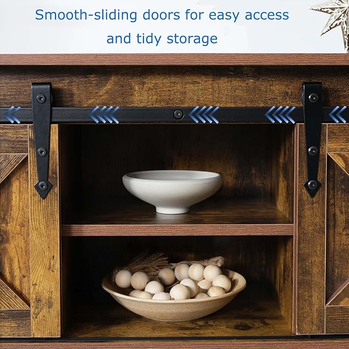 Entryway Table with Storage, Farmhouse Buffet Cabinet Coffee Bar Kitchen Island with Sliding Barn Doors & Shelves, Console Table for Kitchen, Dining Room, Living Room, Brown-PurrikoPets