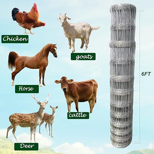 Farm Fence 6ft x 100ft Heavy Zinc Coating Field Wire Fencing, Deer Fence, Galvanized Livestock Fence,Goat Fence,Hog Wire Fencing, Garden Fencing Used to Yard and Garden-PurrikoPets