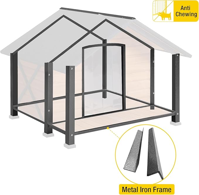 Aivituvin Dog House with Insulated Liner Outdoor All-Around Iron Frame Dog Kennel Outside with Overhang Roof Large Porch Weatherproof-PurrikoPets