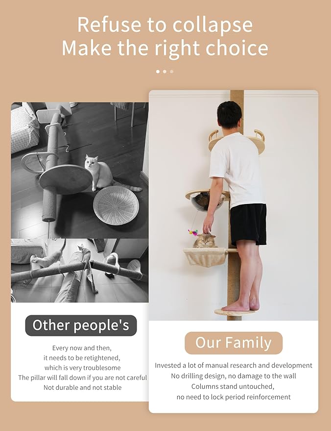 Floor-to-Ceiling Cat Tree with Natural Sisal Rope Scratching Post - Adjustable Height (55-119 Inches) - Modern Cat Activity Tree, Cat Scratcher Post-PurrikoPets