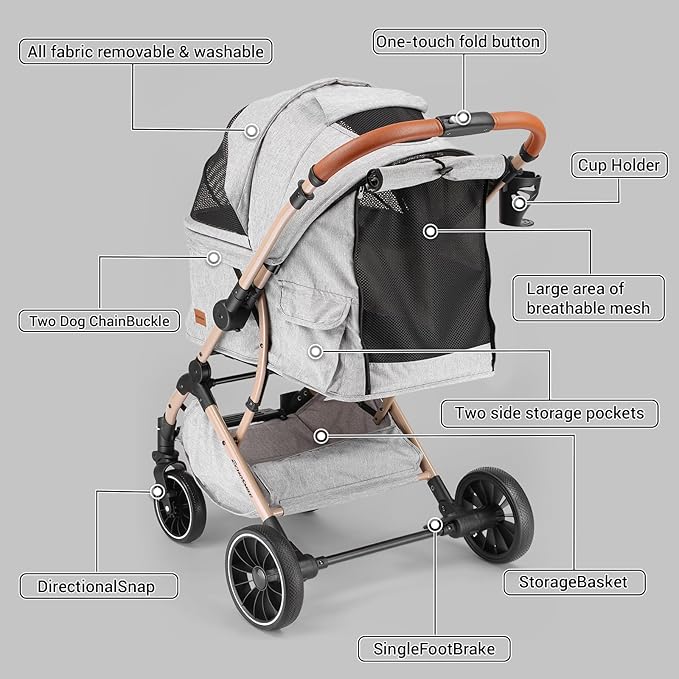 EchoSmile Small Medium Dogs Stroller 4-Wheel Pet Strollers for Medium Dogs Up to 50lbs, One Click Folding Large Cat Stroller, Reversible Handle, Shock Absorbing Wheels, Removable Washable Pad-PurrikoPets