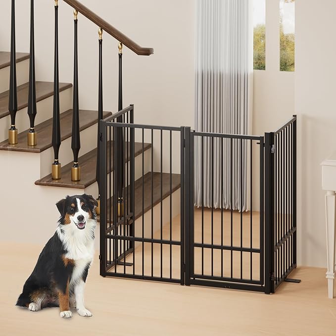 Full Metal Freestanding Dog Gate with Door, 36''Height Foldable Pet Dog Fence for Indoor & Outdoor, 4 Panels Extra Wide Free Standing TallDog Gates for Doorways,House,Stairs,Porch,Deck,Yard-PurrikoPets