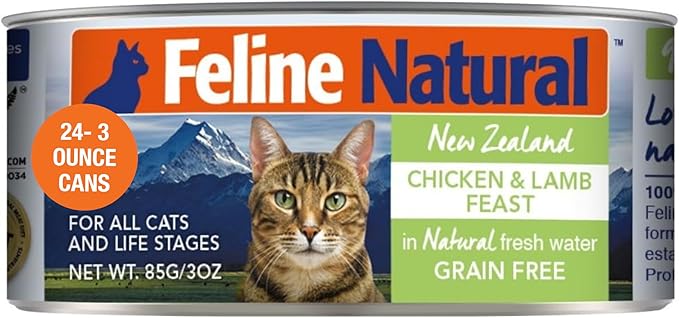 Feline Natural New Zealand Canned Catfood Wet Food, High-Meat, Low-Carb, & Grain Free Cat Food Wet, Chicken & Lamb Feast, 3 oz, Pack of 24-PurrikoPets