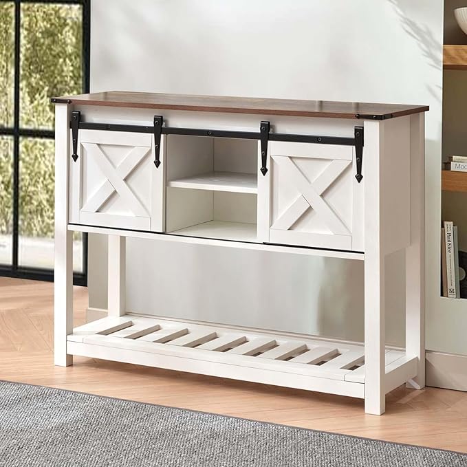 Entryway Table with Storage, Farmhouse Buffet Cabinet Coffee Bar Kitchen Island with Sliding Barn Doors & Shelves, Console Table for Kitchen, Dining Room, Living Room, White-PurrikoPets