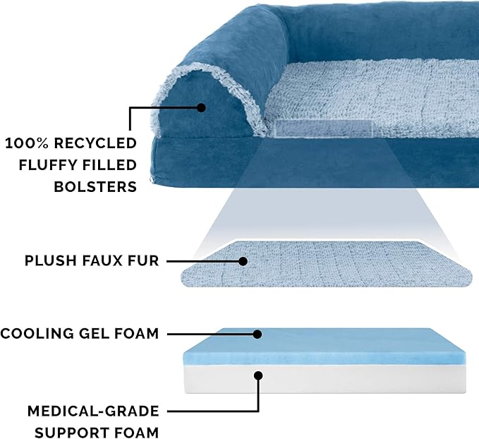 Furhaven Cooling Gel Dog Bed for Large Dogs w/ Removable Bolsters & Washable Cover, For Dogs Up to 125 lbs - Two-Tone Plush Faux Fur & Suede L Shaped Chaise - Marine Blue, Jumbo Plus/XXL-PurrikoPets
