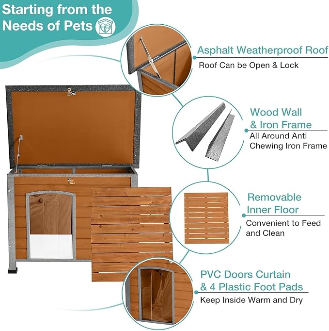 Feral Dog House Outdoor,Anti Bite Iron Frame Dog Kennel,Wood Warm Pets Home,Insulated Weatherproof Outside Shelter for Feral Animal (33.5"(L)×22"(W)×25.2"(H)-Brown-in)-PurrikoPets