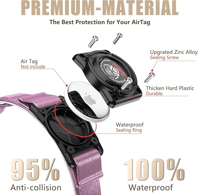 AirTag Dog Collar - Leather Dog Collar with Airtag Holder | IP68 Waterproof AirTag Holder with Metal Buckle, Comfortable GPS Dog Collars Tracker for Medium Large Dogs (Rose Gold, M)-PurrikoPets