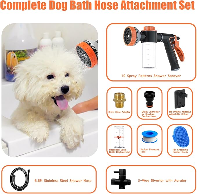 Dog Washing Hose Attachment for Pet Bathing with Black Shower Diverter, Pup Dog Wash Hose Nozzle Shampoo Sprayer for Indoor Outdoor Pet Shower, Dog Shower Attachment with Dog Brush-PurrikoPets