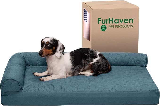 Furhaven Cooling Gel Dog Bed for Medium/Small Dogs w/ Removable Bolsters & Washable Cover, For Dogs Up to 35 lbs - Pinsonic Quilted Paw L Shaped Chaise - Bluestone, Medium-PurrikoPets