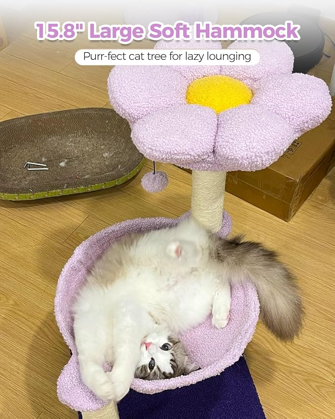 Flower Cat Scratching Post, 28" Cute Cat Tree Tower for Indoor Cats with Large Hammock Soft Perch Bed, Replaceable Toy Ball for Kittens, Purple-PurrikoPets