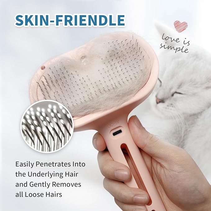3-in-1 Self-Cleaning Steam Brush - Anti-Static, for Grooming Long & Short Pet Hair, Reduces Shedding, Pink-PurrikoPets