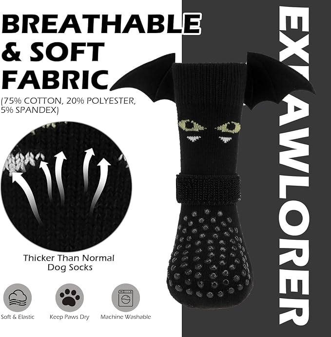 EXPAWLORER Halloween Anti Slip Dog Socks to Prevent Licking Paws, Boots & Paw Protectors with Grippers,Doggie Booties for Hardwood Floors for Small Medium Large Senior Dogs Costume Black Devil Wings L-PurrikoPets