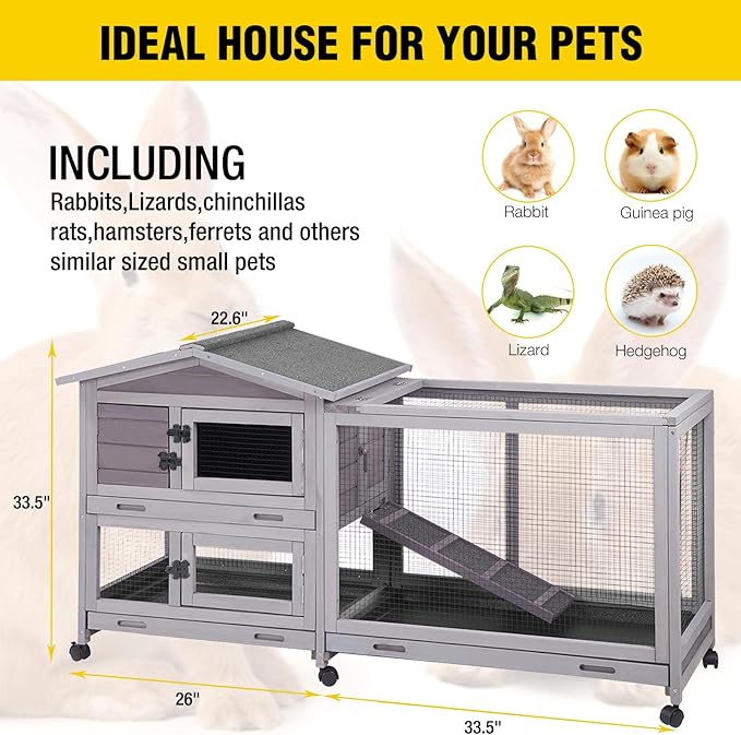 Aivituvin Rabbit Hutch Outdoor Rabbit Cage Indoor with Casters Bunny Cage Chikcen Coop for Small Animals with Pull-Out Tray(Grey)-PurrikoPets