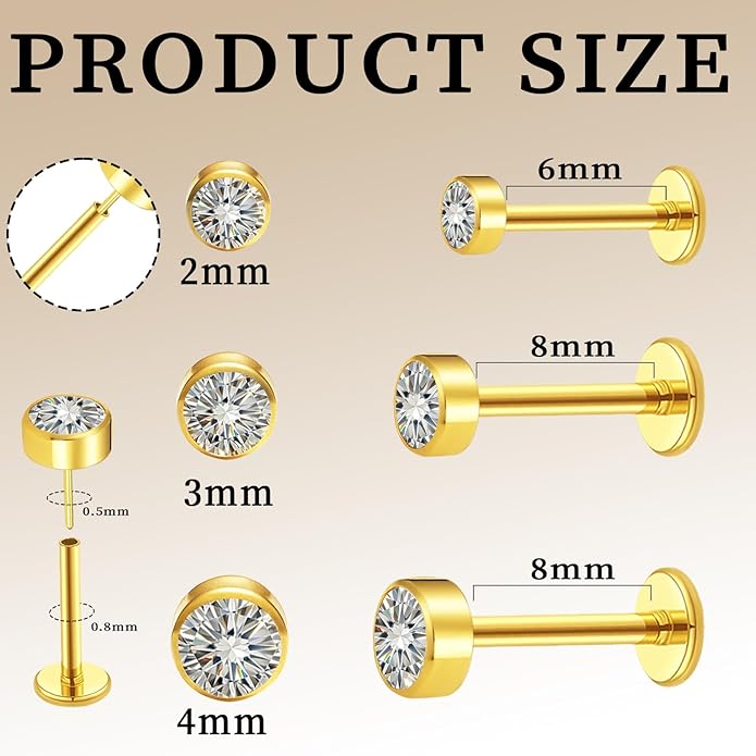 Delicate Moissanite & Titanium Threadless Flat Back Studs - 6-Piece 20G Labret Set for Nose, Helix, Cartilage, Conch, and Lip Piercings for Women & Men
