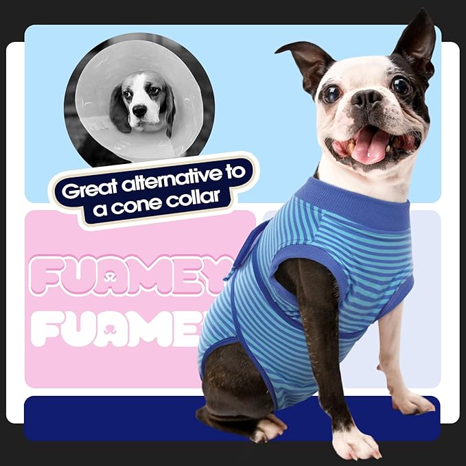FUAMEY Recovery Suit for Dogs After Surgery,Soft Breathable Dog Bodysuit E-Collar & Cone Alternative Surgical Suit,Male Female Dog Neuter Spay Suits Anti Licking Wounds Onesie Navy Blue Strips XS-PurrikoPets