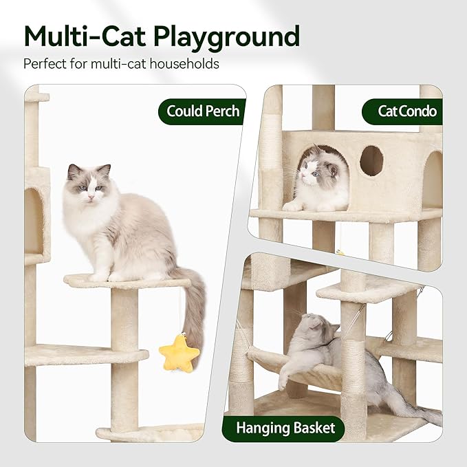 85inch Heavy Duty Cat Tree for Indoor Cats Large Adult, Tall Giant Cat Tower with Scratching Post, Large Perches, Cozy Cat Condos & Hanging Hammocks, Beige-PurrikoPets