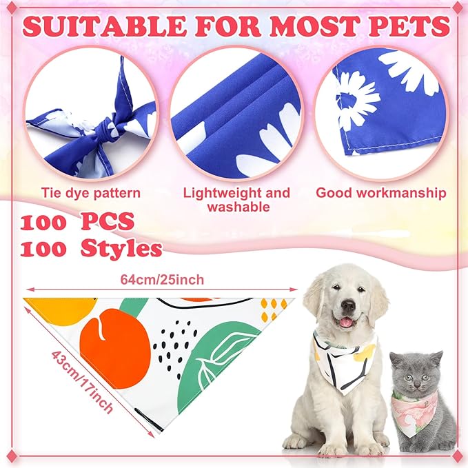 100 Pcs Dog Bandanas Bulk Pet Bibs Colorful Triangle Scarf Pet Bandanas for Medium Large Dogs Spring Summer Birthday Costume Decoration (Boho)-PurrikoPets
