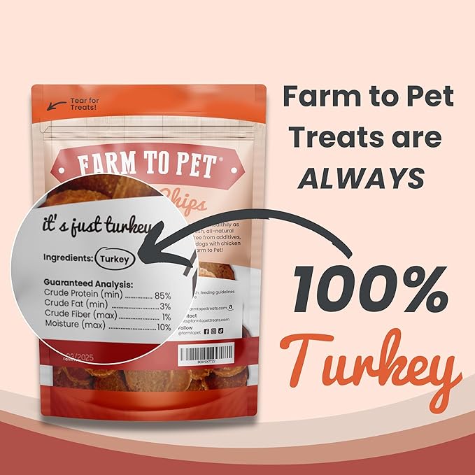 Farm To Pet Dog Training Treats, Healthy Turkey Chips for Dogs - 4 oz, 100% Human Grade Turkey Breast, All Natural, Single Ingredient, Low Allergen Treats for Dogs and Puppies, Made in USA-PurrikoPets